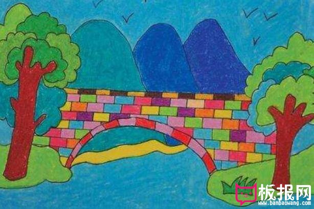 风景家笔画，彩色拱桥简笔画