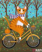 骑单车的小猫，趣味儿童画图片