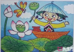 采莲藕的小姑娘儿童画，好看的儿童画图片