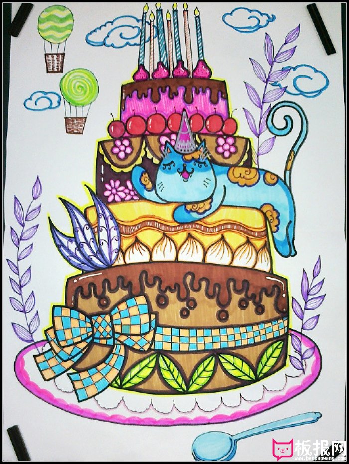 四层蛋糕，猫咪的生日儿童画图片