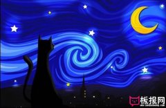 星空下的猫，好看的夜景儿童画图片