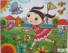 草坪上嬉戏的女孩，抓蝴蝶的女孩儿童画