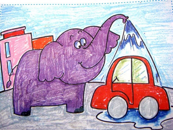 洗车的大象，好玩的儿童画图片