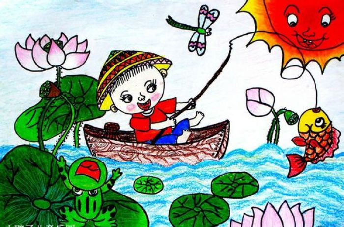 荷塘钓鱼的小男孩，好看的儿童画图片