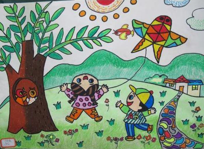 春日踏春，放风筝的小孩儿童画图片