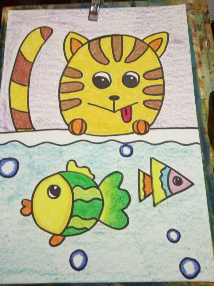 偷吃鱼的猫，可爱的儿童画图片