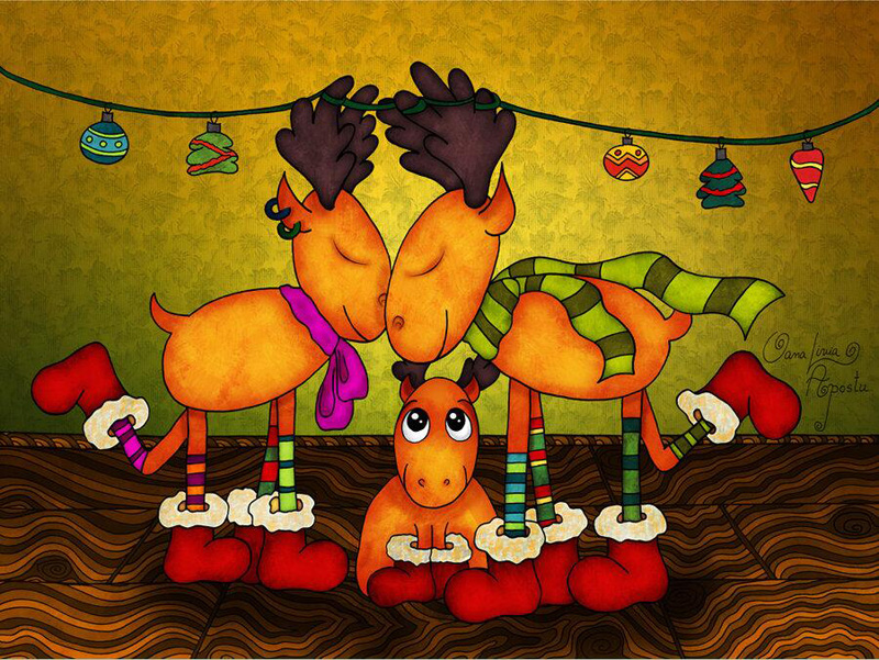 儿童插画设计，麋鹿一家快乐的圣诞夜