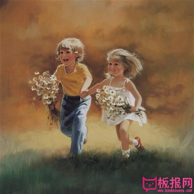 奔跑的男孩和女孩水粉画图片