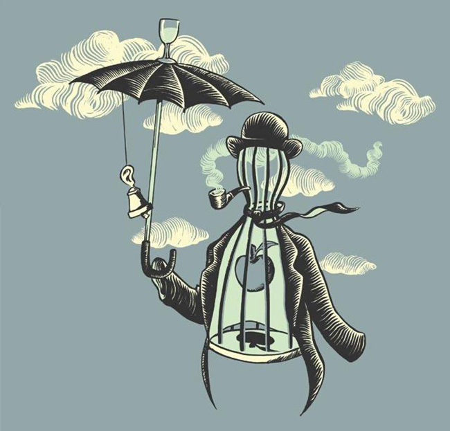 灵异插画，抽象人和伞