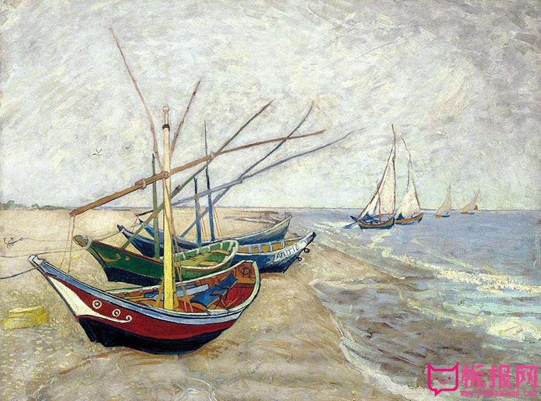 梵高帆船风景油画图片，海上帆船