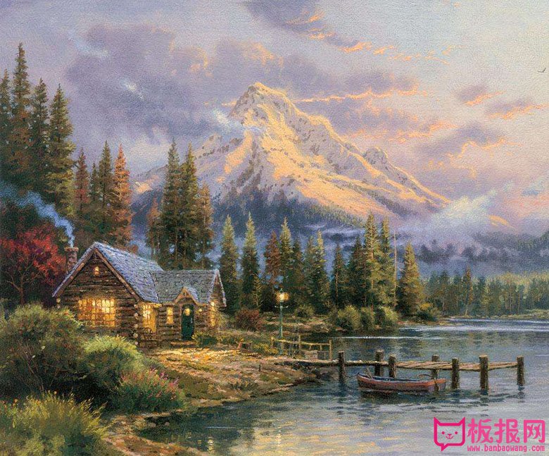 油画风景，湖泊木屋风景油画写生图片
