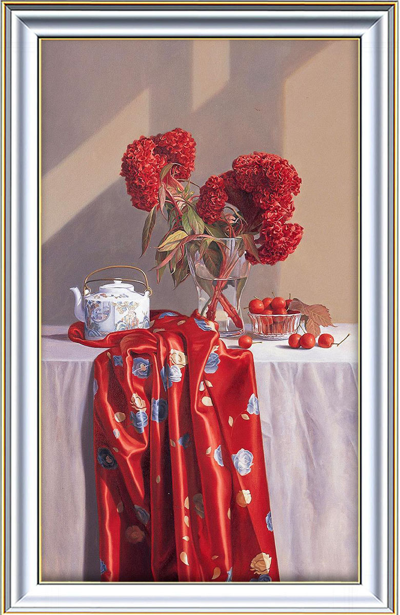 鸡冠花和茶壶，现代风格静物油画