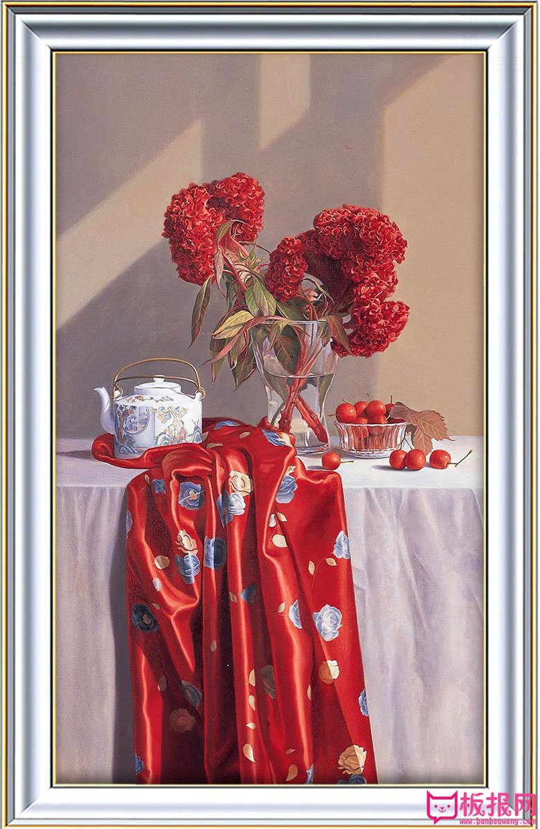 鸡冠花和茶壶，现代风格静物油画