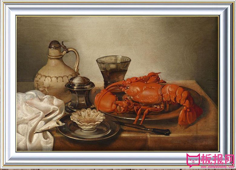 器皿和龙虾，古典主义静物油画
