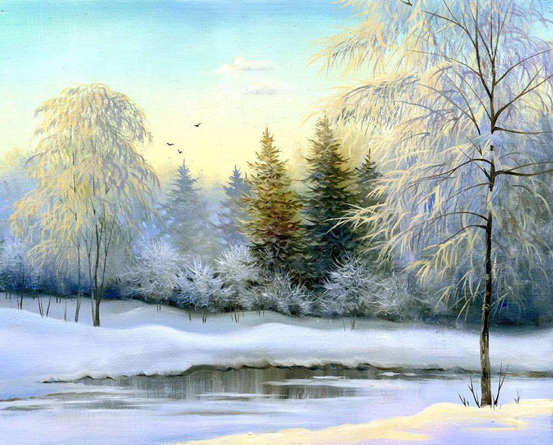 冬季风景油画图片，帆布油画图片