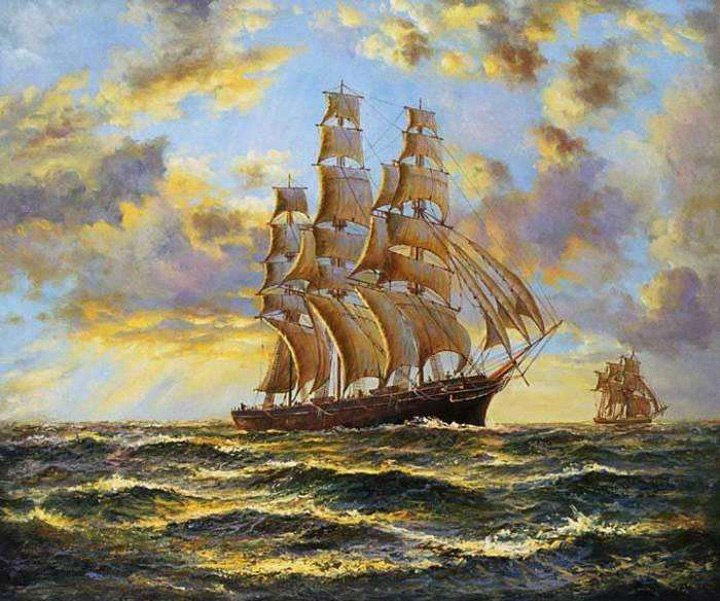 欧洲古典风景油画，海上帆船
