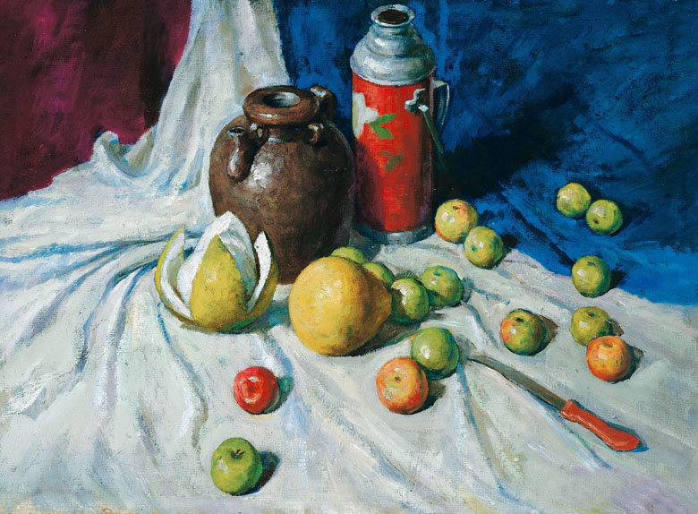 油画静物，柚子和苹果油画图片