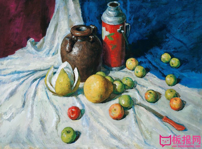 油画静物，柚子和苹果油画图片