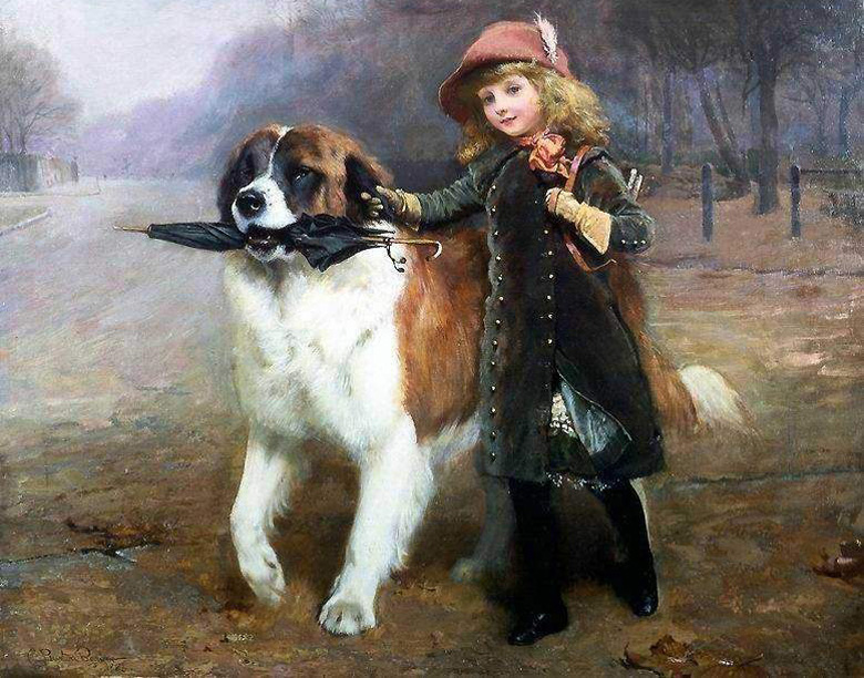 油画人物图片，女孩和狗