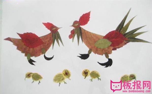 儿童树叶拼贴画作品，斗架的大公鸡