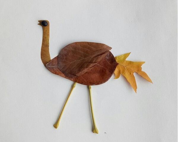 儿童手工树叶贴画教程，呆呆的鸵鸟