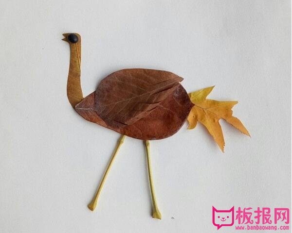 儿童手工树叶贴画教程，呆呆的鸵鸟
