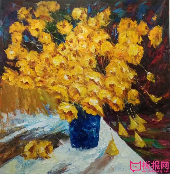 漂亮的静物油画图片，一束黄花