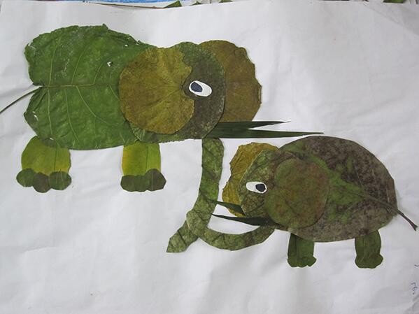 儿童树叶贴画图片，大象妈妈和小象