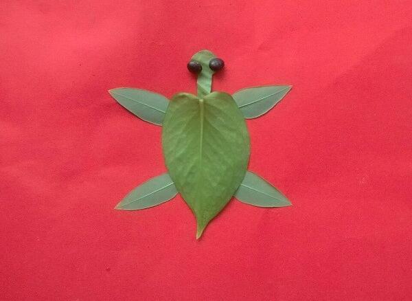 儿童树叶贴画作品，可爱的乌龟制作方法