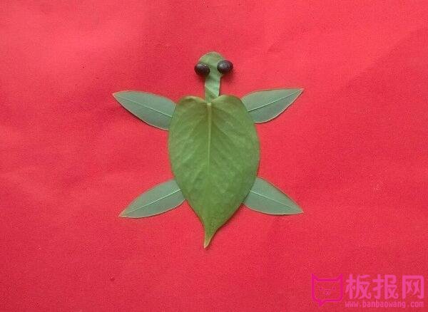 儿童树叶贴画作品，可爱的乌龟制作方法