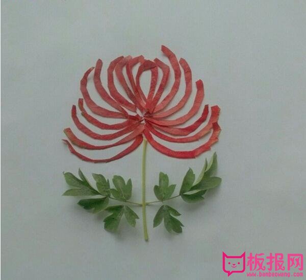 儿童树叶贴画制作方法，漂亮的红菊花
