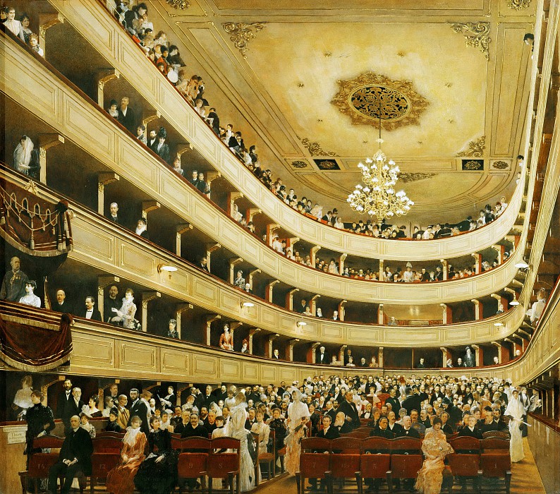 欧洲建筑油画，维也纳老式剧院的礼堂