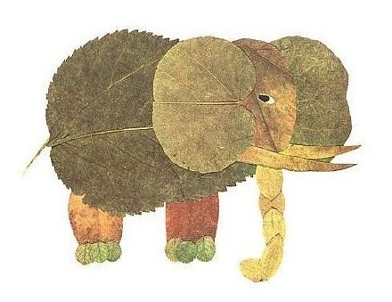 儿童手工树叶贴画，巨大憨厚的大象