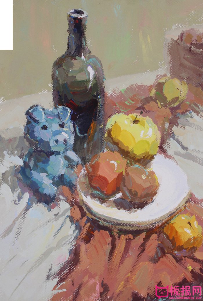 美术小联考水粉静物作品，红酒与水果