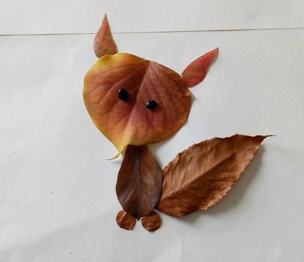 创意儿童树叶贴画作品，可爱的小狐狸