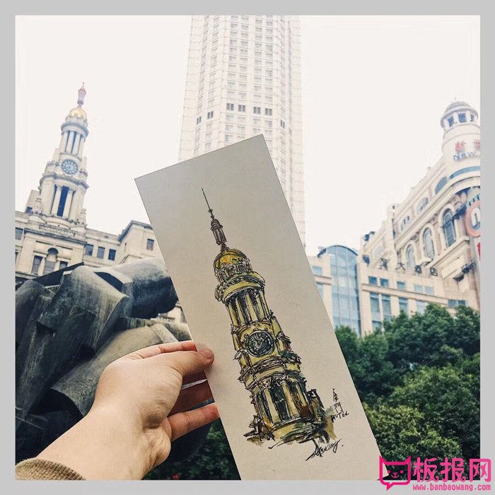 漂亮的建筑速写图片，上海金门酒店