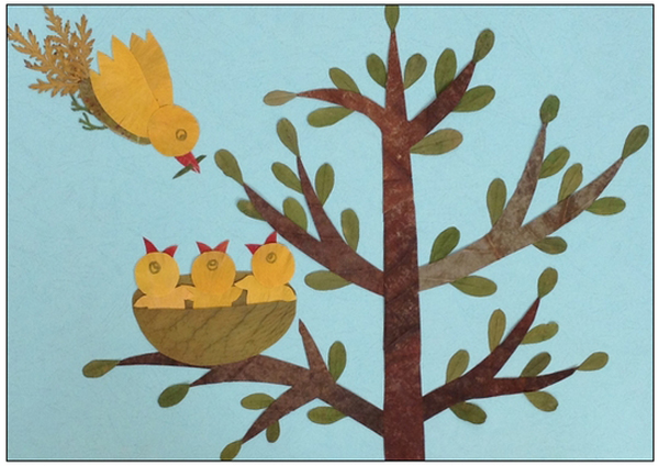漂亮的儿童树叶贴画，喂食的小鸟妈妈