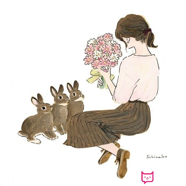 好看的手绘插画设计，少女与兔子