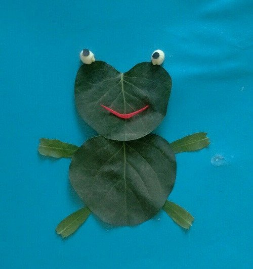 好看的幼儿树叶贴画图片，可爱的小青蛙