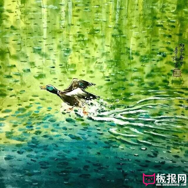 漂亮的水粉风景画图片，春江水暖鸭先知