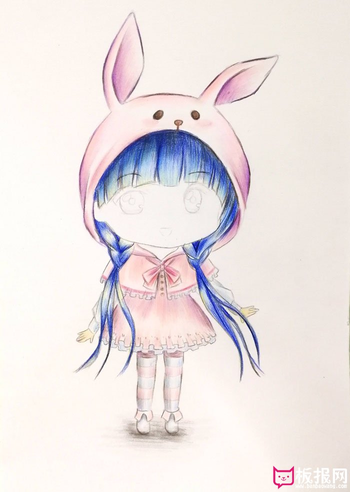 超可爱的人物简笔画教程，戴着兔子帽子的小女孩