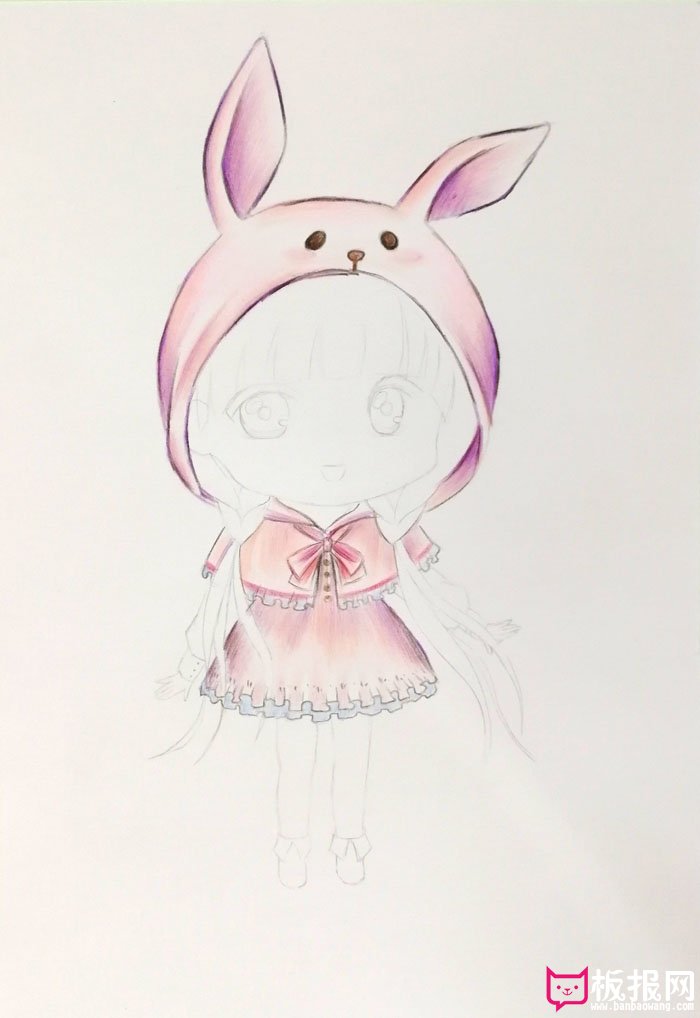 超可爱的人物简笔画教程，戴着兔子帽子的小女孩