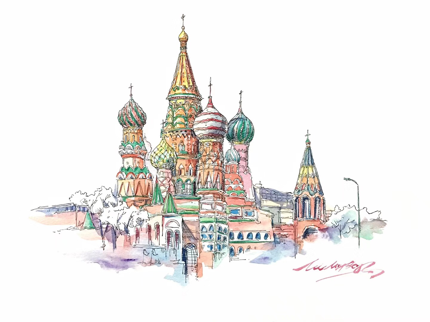 漂亮的建筑速写图片，莫斯科圣瓦西里大教堂写生