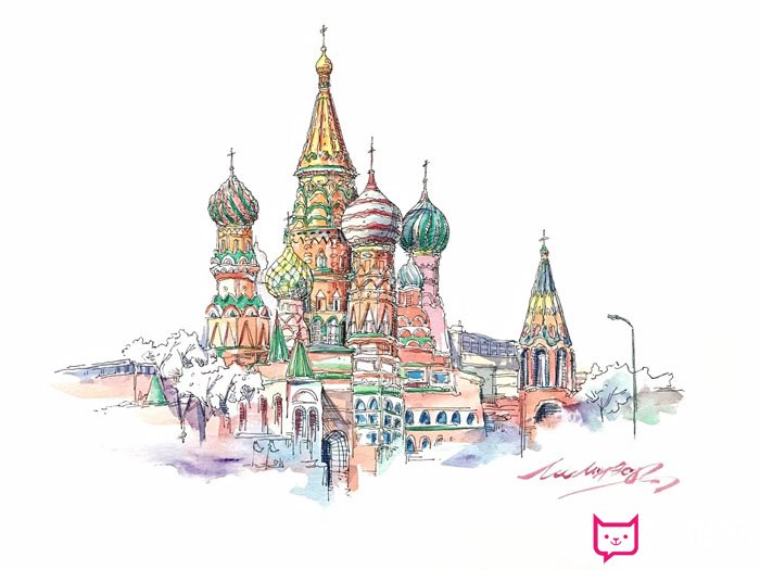 漂亮的建筑速写图片，莫斯科圣瓦西里大教堂写生