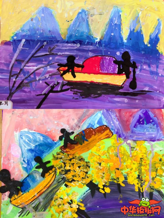 6-7岁幼儿创意美术作品，湖面泛舟