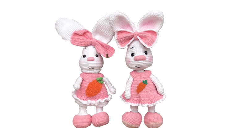 超萌手工编织玩偶，粉色兔子编织玩偶