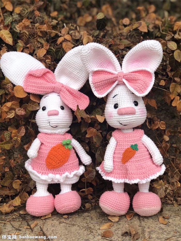 超萌手工编织玩偶，粉色兔子编织玩偶
