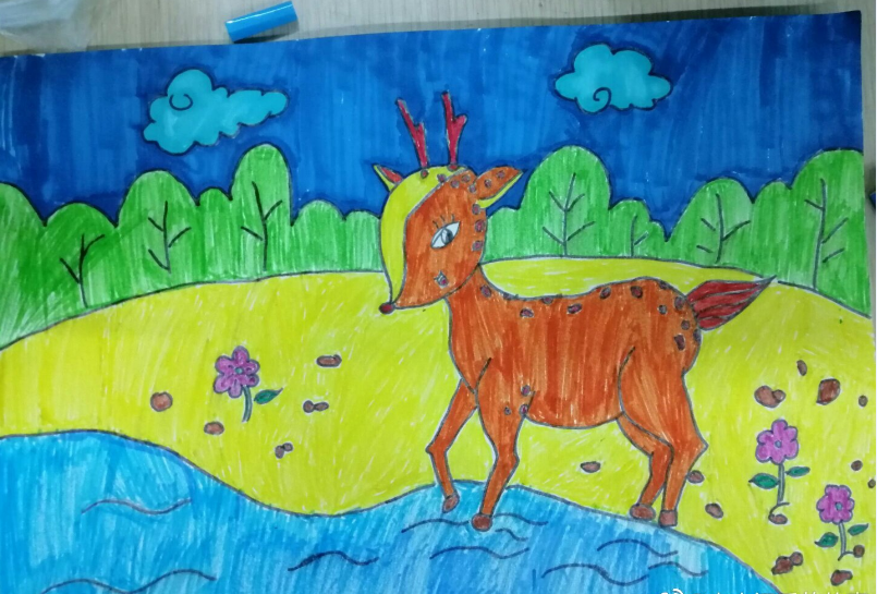 儿童水彩画:小鹿过河