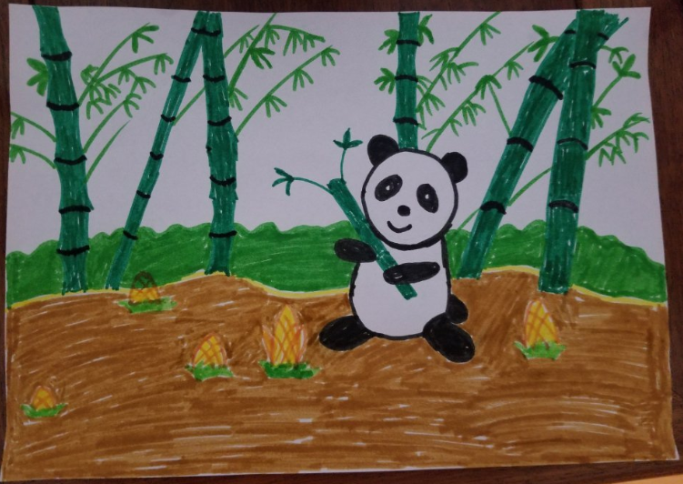 儿童水彩画:竹林中的熊猫