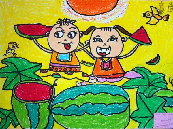 孩子们吃西瓜的水彩画